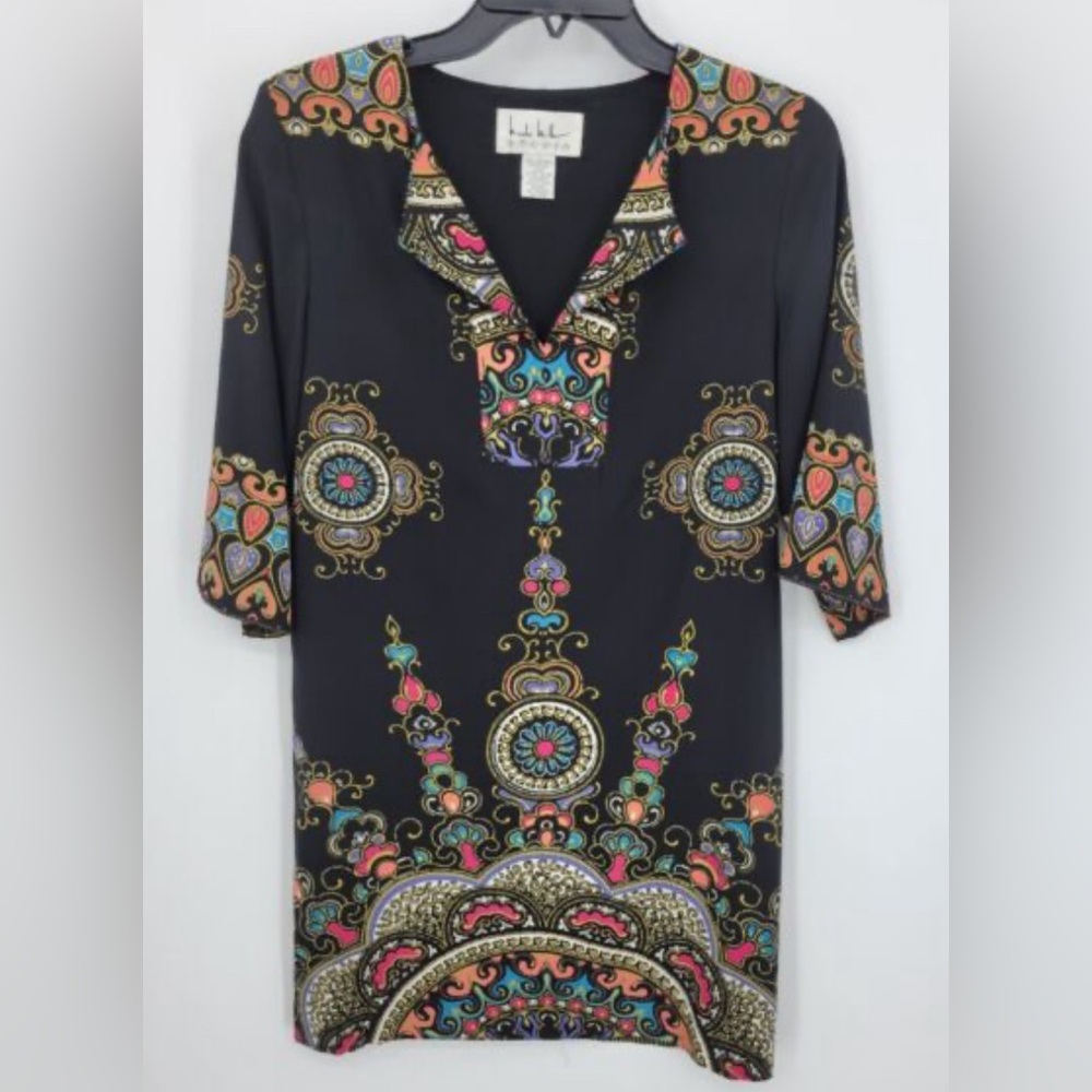 Vintage Silk Nicole Miller Studio Black Aztec Print Tunic Dress